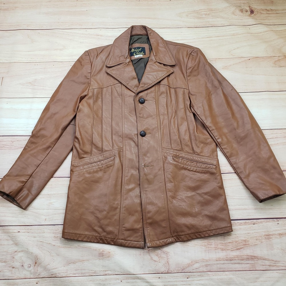 Vintage‎ Michael Charles Jacket Mens 40 Brown Leather Car Coat Made USA 70s